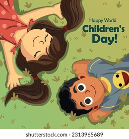 happy world children's day poster and banner design. illustration of two little kids lying on green grass