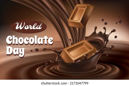 Feliz día mundial del chocolate. 7 de julio. fondo con chocolate salpicado y tipografía. Día mundial del chocolate. 