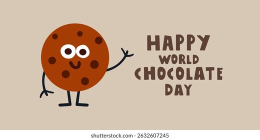 Happy world chocolate day. Cute cookie waving. Flat hand drawn vector illustration.