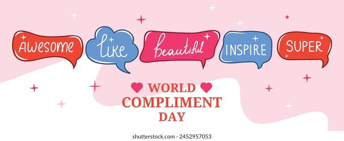 Happy World Compliment Day. Banner in hand drawn style with speak bubbles. Handwritten text of congratulations and nice words. Vector illustration. Isolated.