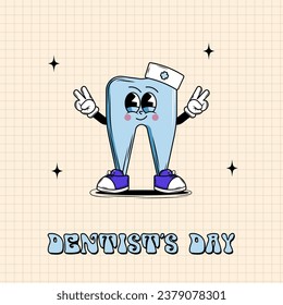 Happy World Dentist’s Day greeting card. Poster for the day of the dentist. Medical, dental and healthcare creative concept. Cute tooth character doctor with face smile in groovy style.