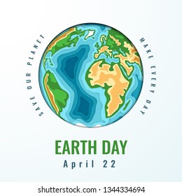 Happy World Earth Day. April 22. 3d paper cut style design. Vector illustration.