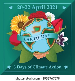 Happy World Earth Day Floral Poster Banner Flyer Bouquet with 3d earth vector illustration	