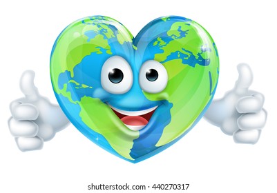 A happy world earth day heart mascot globe cartoon character giving thumbs up 