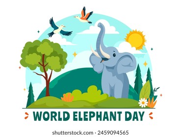 Happy World Elephant Day Vector Illustration on 12 August with Elephants Animals for Salvation Efforts and Conservation in Flat Cartoon Background