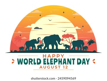 Happy World Elephant Day Vector Illustration on 12 August with Elephants Animals for Salvation Efforts and Conservation in Flat Cartoon Background