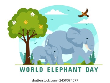 Happy World Elephant Day Vector Illustration on 12 August with Elephants Animals for Salvation Efforts and Conservation in Flat Cartoon Background