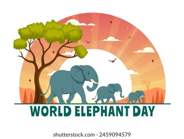 Happy World Elephant Day Vector Illustration on 12 August with Elephants Animals for Salvation Efforts and Conservation in Flat Cartoon Background