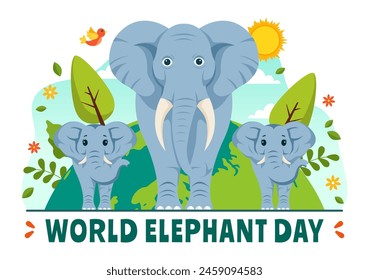 Happy World Elephant Day Vector Illustration on 12 August with Elephants Animals for Salvation Efforts and Conservation in Flat Cartoon Background