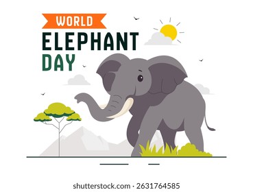 Happy World Elephant Day Vector Illustration on August 12, featuring Elephants for Conservation and Salvation Efforts in a Flat Style Background