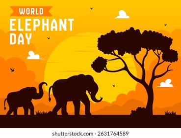Happy World Elephant Day Vector Illustration on August 12, featuring Elephants for Conservation and Salvation Efforts in a Flat Style Background