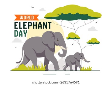 Happy World Elephant Day Vector Illustration on August 12, featuring Elephants for Conservation and Salvation Efforts in a Flat Style Background