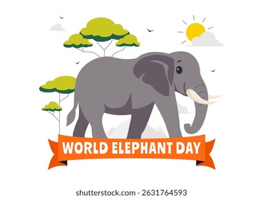 Happy World Elephant Day Vector Illustration on August 12, featuring Elephants for Conservation and Salvation Efforts in a Flat Style Background