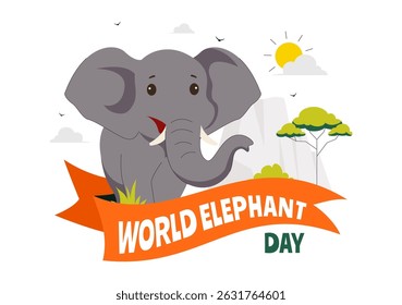 Happy World Elephant Day Vector Illustration on August 12, featuring Elephants for Conservation and Salvation Efforts in a Flat Style Background