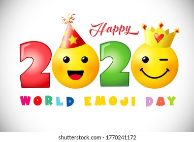 Happy world emoji day 2020 creative congrats. Isolated abstract graphic design template. Smile icons and 2020 bright numbers. Vector sign. Cute funny colorful symbol in 3D style. White background.