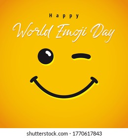 Happy World Emoji Day Creative Congrats. Isolated Abstract Graphic Design Template. Smile Icon And Text In Brushing Style. Vector Sign. Cute Funny Yellow Symbol. Square Background.