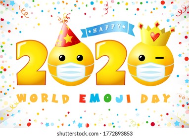 Happy World Emoji Day Creative Congrats. Isolated Abstract Graphic Design Template. Smile Icons And 2020 Bright Numbers, Confetti. Vector Sign. Cute Funny Yellow Symbol In 3D Style. Holiday Background