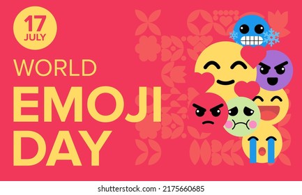 Happy world emoji day. Geometric poster, greeting card, book cover, background vector template