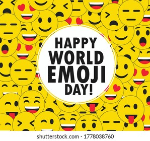 Happy world emoji day vector illustration background.Emoji smiling.Yellow face smiling with eyes.Smiley ball.Emoticon wallpaper.Emoji background.