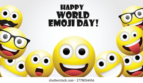 Happy world emoji day vector illustration background.Emoji smiling.Yellow face smiling with eyes.Smiley ball.Emoticon wallpaper.Emoji background.
