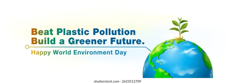 Happy World Environment Day. Blue 3d Globe and green map with tree plant decor vector illustration.