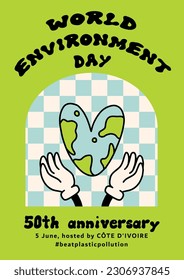Happy world environment day, earth day design. Trendy vintage lettering, retro background concept. Eco theme poster or card in groovy retro cartoon style, ecology elements. Isolated