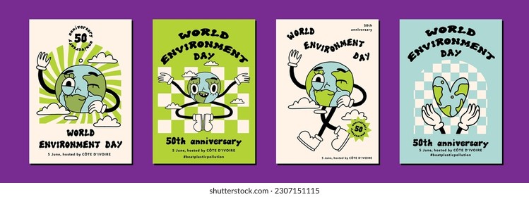 Happy world environment day, earth day design set. Trendy vintage lettering, retro background concept collection. Eco modern poster or card in groovy retro cartoon style, ecology elements. Isolated