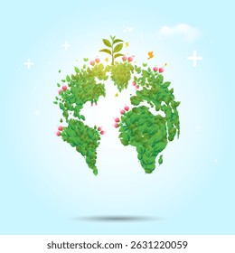 Happy World environment day. Ecology concept illustration. Earth, planet, globe map Made of green leaves.