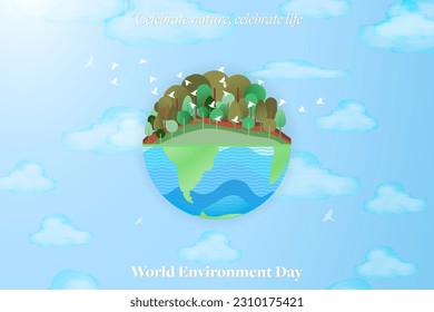 Happy World Environment Day Greeting Card concept. Symbol of Half earth on lower half and forest on upper half with flock of birds flying in the sky. Vector Illustration. EPS 10