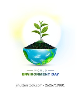 Happy World Environment Day greeting card. Seeding tree and earth planet environment care concept vector illustration.