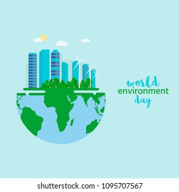 Happy World Environment Day postcard with green city background, wind turbine. Eco friendly ecology concept.  Save the earth.
