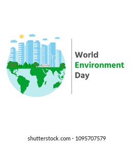 Happy World Environment Day postcard with green city background, wind turbine. Eco friendly ecology concept.  Save the earth.