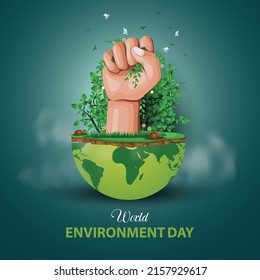 happy world environment and earth day. big hand holding plants with half global map. vector illustration design