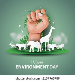 happy world environment and earth day. big hand holding plants with animals. vector illustration design