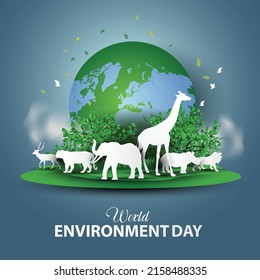 Happy World Environment And Earth Day. Big World Map With Animals. Vector Illustration Design