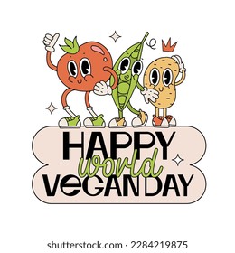 Happy World Food Day greeting card or banner template. Veggies friends characters in groove retro cartoon style celebrating November,1st. Vector illustration with typography elements