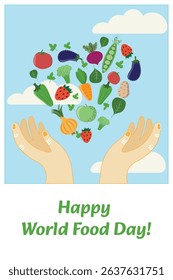 Happy World Food Day! Hands holding a heart made of vegetables, fruits, berries, on a blue background, sky