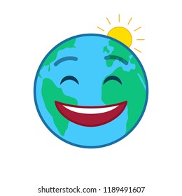 Happy world globe isolated emoticon. Joyful blue planet emoji. Social communication and weather widget. Cute face showing facial emotion. Funny earth with sun icon. Weather forecast vector element