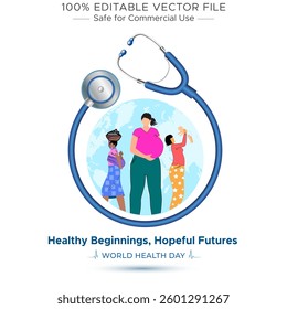 Happy World Health Day. Illustration of Pregnant Women from Diverse Backgrounds and Medical Awareness for World Health Day 2025.