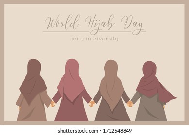 Happy world hijab day. February 1st international day celebration design. Muslim women holding hands together, cartoon vector.