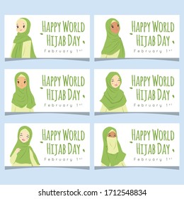 Happy world hijab day. Muslim women wearing green hijab isolated in white background. February 1st international day celebration for web banner or greeting card, vector design. Vector collection