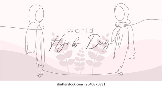 Happy World Hijab Woman Day in oneline art style. Single Line Art Illustration of Arabian Woman 