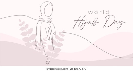 Feliz Día Mundial de la Mujer Hijab en un estilo de arte en línea. Ilustración de arte de una sola línea de mujer árabe