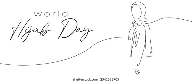 Feliz Dia Mundial da Mulher Hijab em estilo de arte online. Ilustração de arte de linha única da mulher árabe no fundo branco