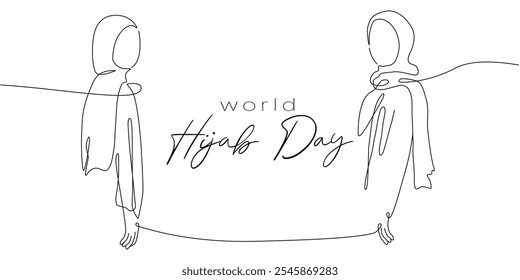 Happy World Hijab Woman Day in oneline art style. Single Line Art Illustration of Arabian Women on white background