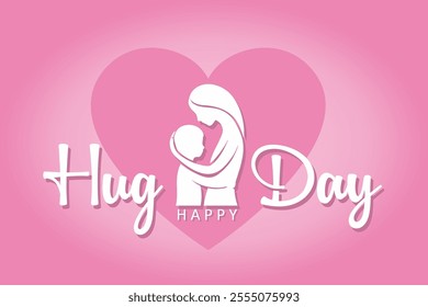 Happy world hugging day. January 21. Happy hug day background. Vector illustration template for poster, banner, flyer, greeting card, cover, post. Silhouette of adult hugging child. Pink heart 