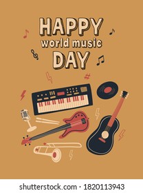 Happy world international Music Day. Vector musical instrument set. Illustration of guitar, trumpet, drumsticks, piano, vinyl, bass guitar, microphone, notes, treble clef