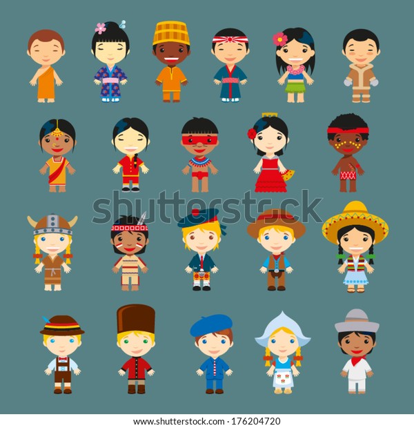 Happy World Kids Set with multicultural\
traditional costumes