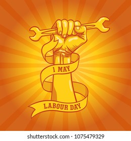 Happy world Labour Day in 1st may vector background. Labour Day simbolism concept hand with wrenches. International Workers day illustration for greeting card, poster design.