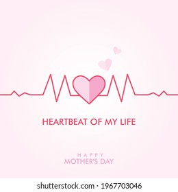 Feliz mundo, tarjeta de felicitación del día de la madre. El latido de corazón con los corazones rosados envía un mensaje a mamá. Símbolos del amor en un fondo rosa claro. Mamá, latido de mi vida. El amor vuela en el cielo.